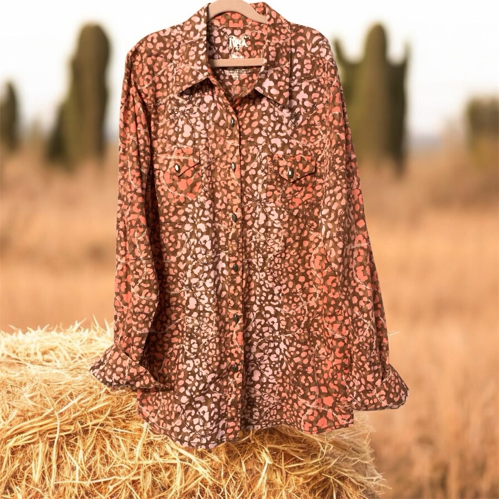 Wrangler Brown and Pink Patterned Snaps Shirt Large